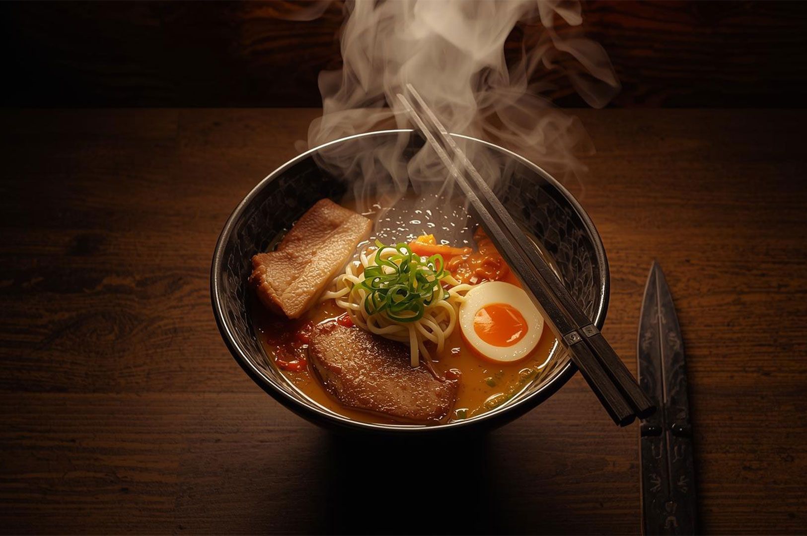 Close-up of dimly lit dark bowl of ramen on a dark wood surface. Steam rises dramatically from the rich, orange-hued broth. The dish features thick slices of seared chashu pork, bright green coiled green onions, and a sliced soft-boiled egg with a vibrant orange yolk. Chopsticks rest diagonally across the bowl, emphasizing focus and presence.