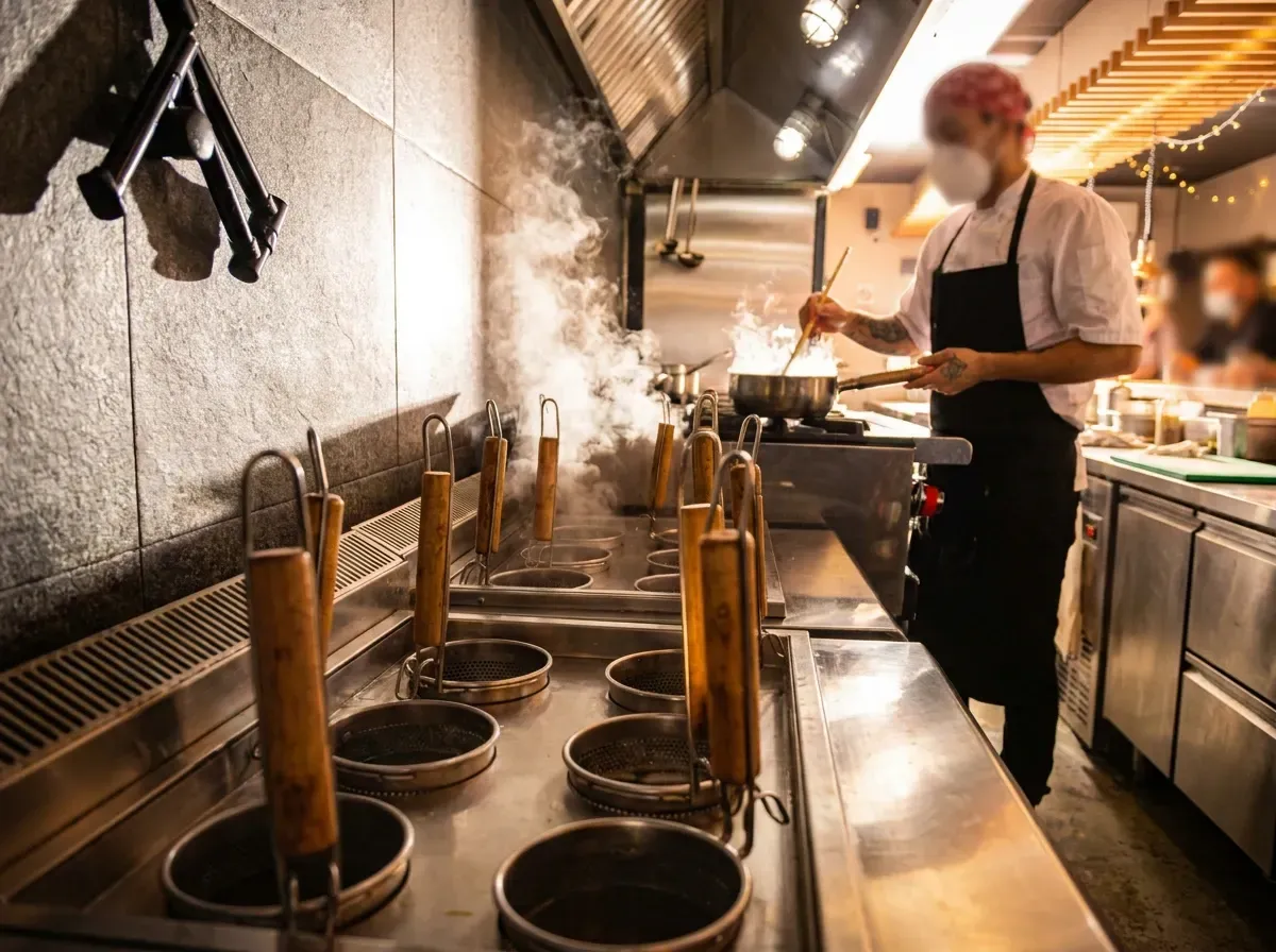 A professional kitchen station with multiple noodle strainer baskets in a boiling water bath emitting thick steam, as a chef in an apron cooks at a stove in the background.