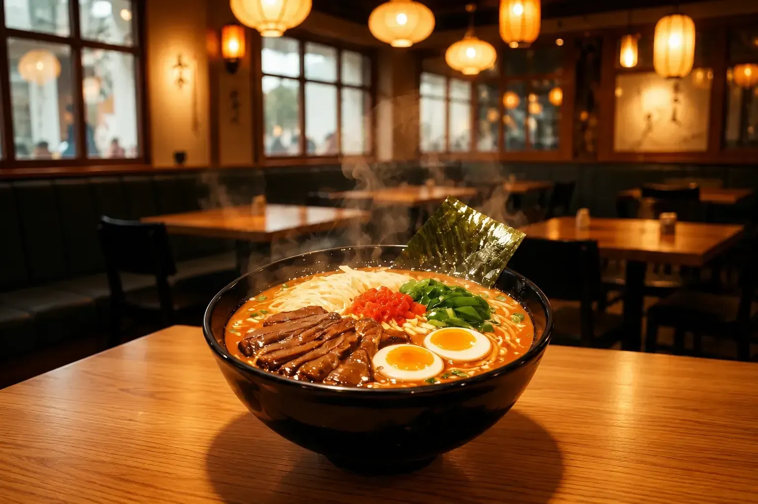 A steaming bowl of ramen topped with sliced meat, soft-boiled eggs, and green onions on a wooden table inside a cozy restaurant with hanging paper lanterns.