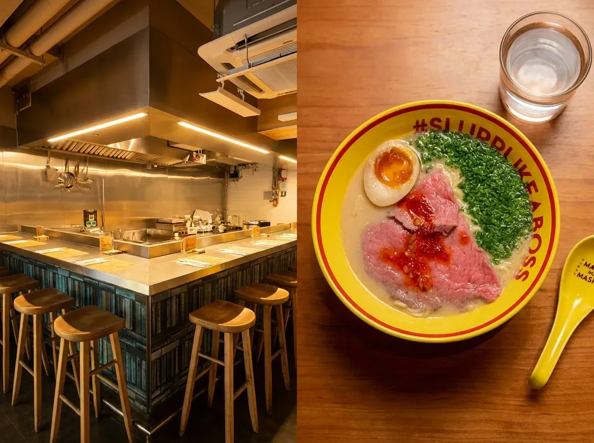 A split-screen image showing a modern ramen bar interior on the left, featuring wooden stools arranged around a stainless steel open kitchen counter. On the right, a top-down view of a bowl of ramen with sliced beef, a soft-boiled egg, and plenty of chopped chives, served next to a glass of water and a yellow spoon on a wooden table.