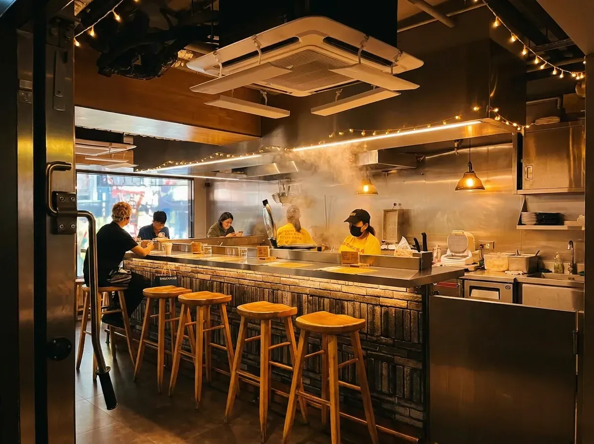 An interior shot of a lively, industrial-style ramen restaurant. Customers sit on wooden bar stools along a long stainless-steel counter, while staff in yellow shirts work behind the open kitchen amid plumes of steam. Warm string lights and hanging lamps illuminate the space.