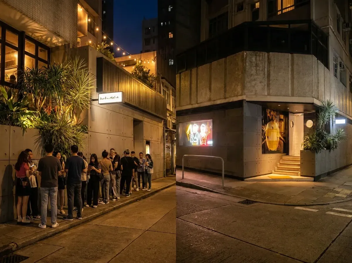 A split-screen night view showing a long queue of people waiting on the sidewalk outside a modern concrete building on the left. The right side shows the restaurant's corner entrance illuminated by warm lights, featuring a glowing neon sign and steps leading into the venue.