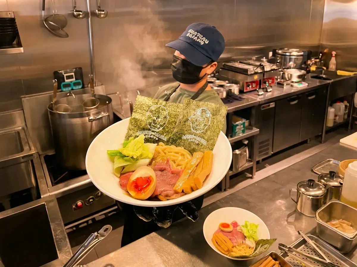 A restaurant worker wearing a face mask and cap holds up a large white bowl filled with ramen noodles, rare sliced beef, a soft-boiled egg, vegetables, bamboo shoots, and two sheets of nori seaweed with printed monkey faces. The commercial kitchen background features stainless steel counters and a boiling pot.