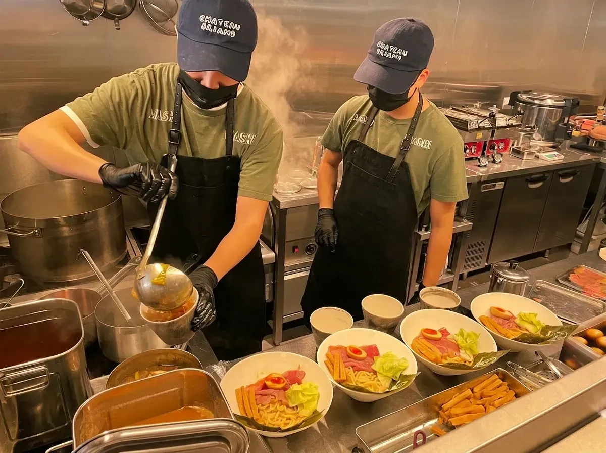 Two kitchen staff wearing olive green shirts, black aprons, face masks, and