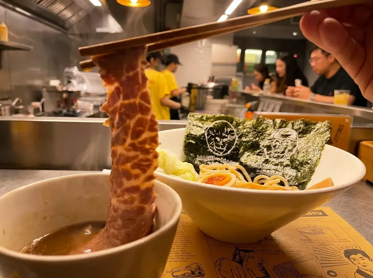 A close-up shot of chopsticks lifting a long, highly marbled slice of wagyu beef and dipping it into a small bowl of steaming broth. A larger bowl of noodles with printed nori sheets sits on the counter with a busy restaurant interior in the background.