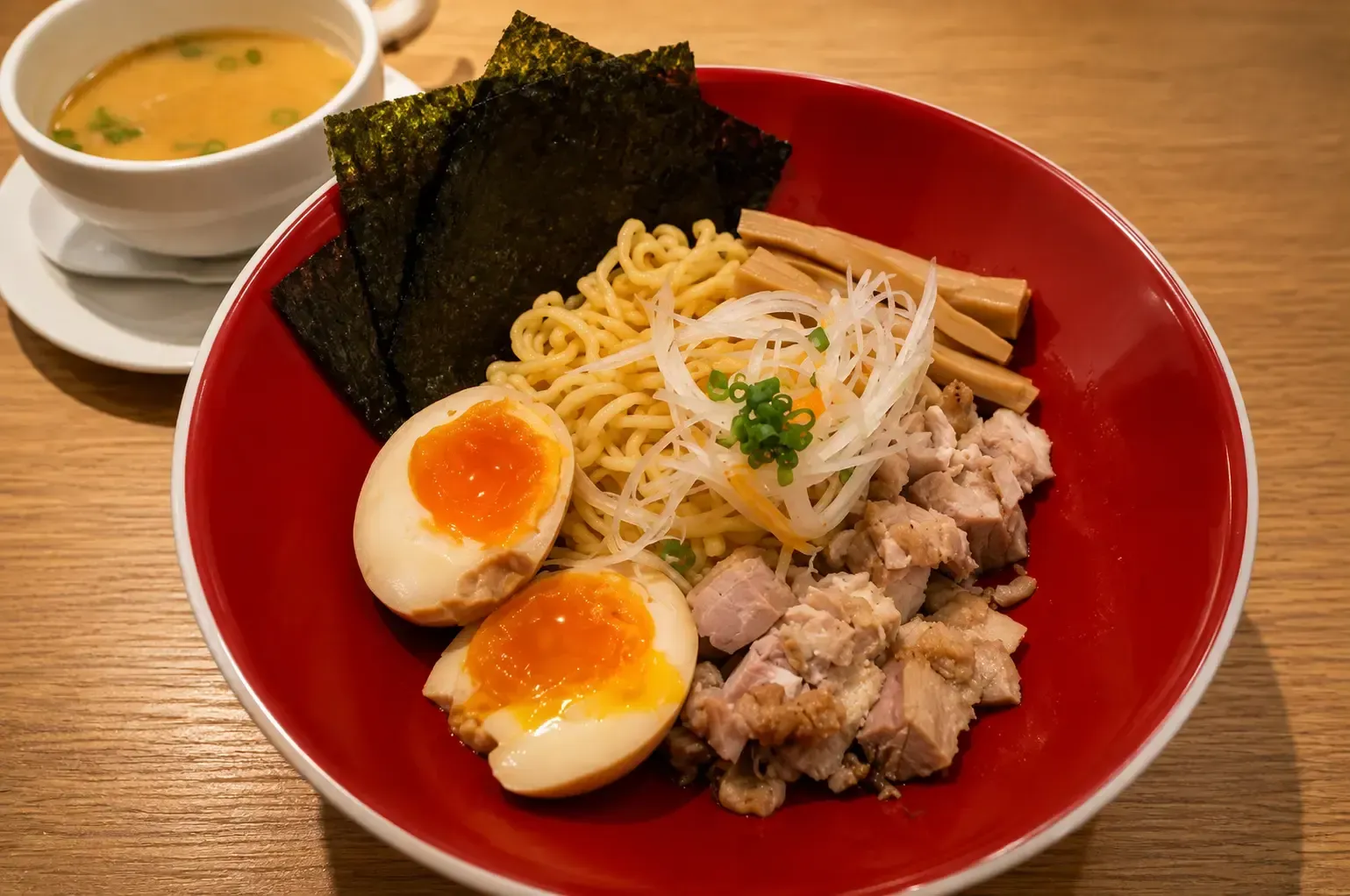 Red bowl filled with brothless ramen noodles topped with diced pork, soft-boiled egg halves, bamboo shoots, shredded onions, and nori.