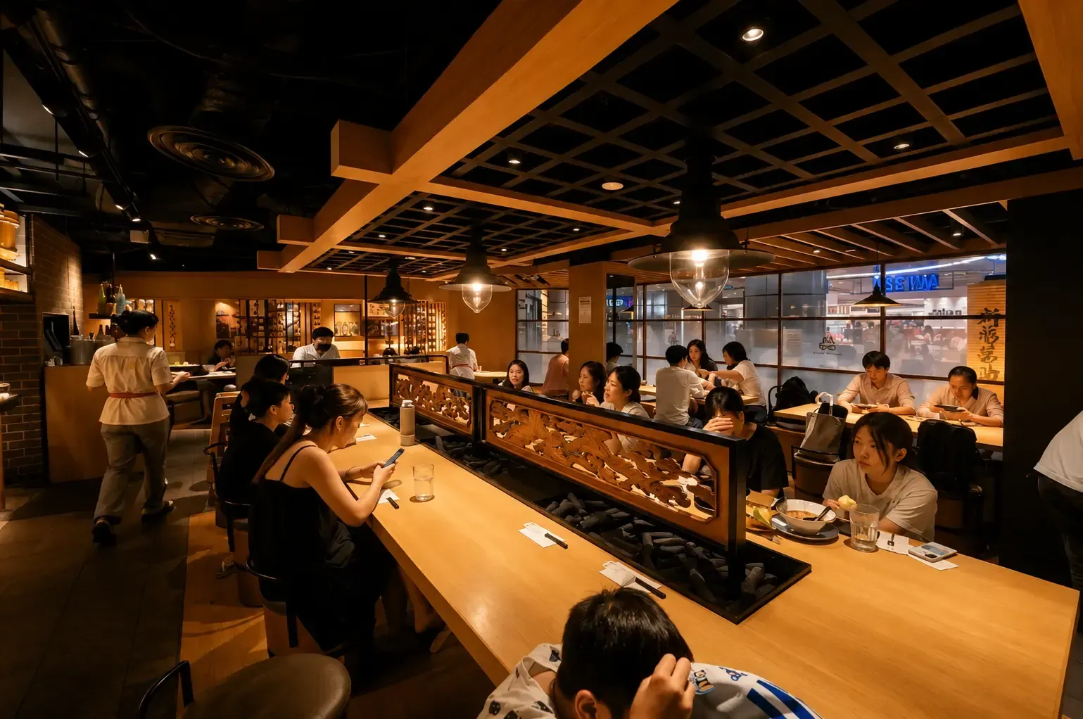 Cozy Japanese ramen shop interior featuring a long wooden communal table, warm overhead hanging lamps, and seated diners.