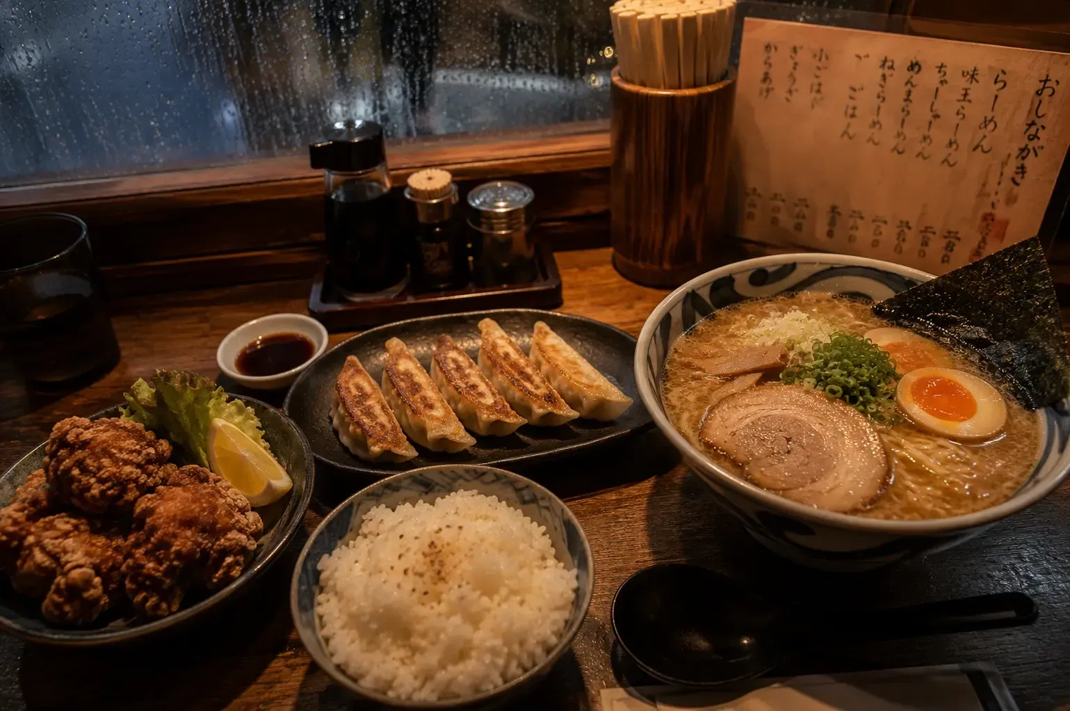 A Japanese ramen set meal featuring ramen, gyoza, karaage, and steamed rice on a wooden counter.