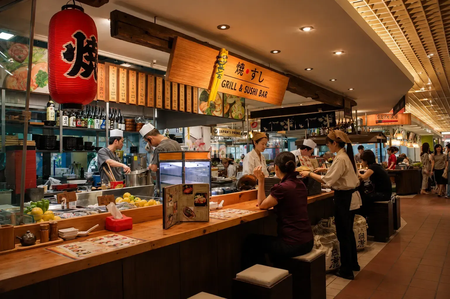 A bustling Japanese grill and sushi bar counter inside a market or food court, featuring chefs preparing food, a large red paper lantern, and customers sitting along the wooden bar.