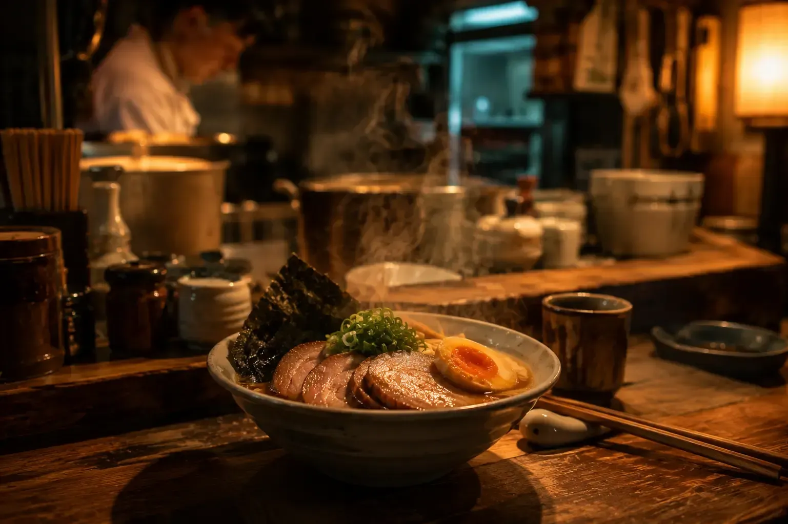 Steaming bowl of ramen with sliced chashu pork, soft-boiled egg, nori, and green onions on a wooden