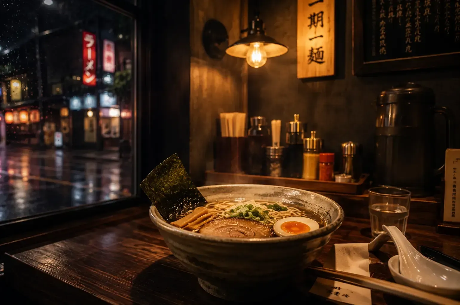 A steaming bowl of ramen on a wooden counter inside a warmly lit, cozy Japanese noodle bar on a rain