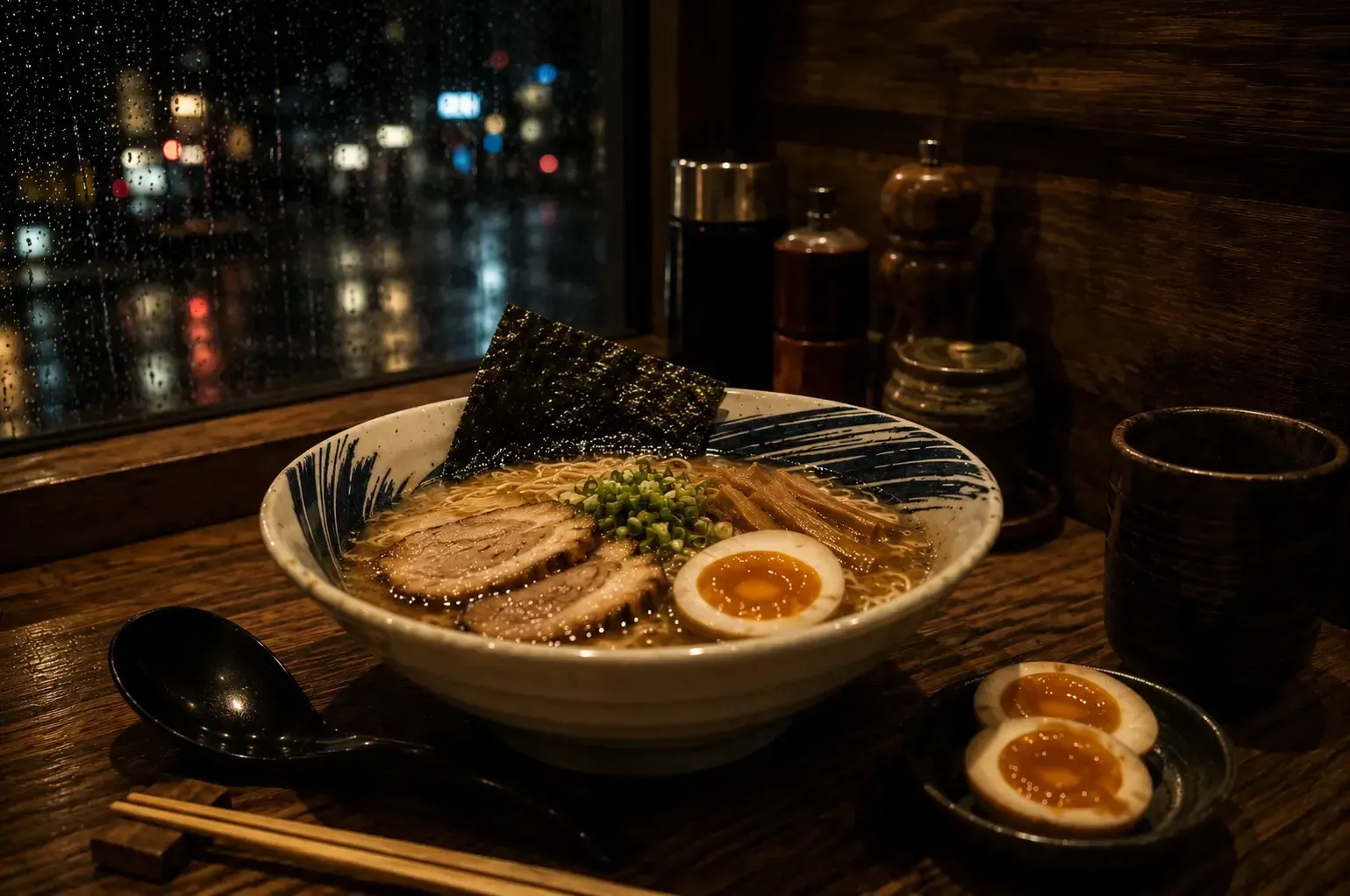 A steaming bowl of ramen topped with chashu pork, a soft-boiled egg, and nori, set on a wooden table