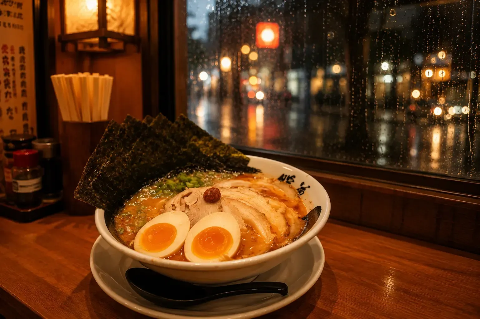 A steaming bowl of ramen with soft-boiled eggs, chashu pork, and a fan of nori sheets sits on a wooden counter next to a rainy window overlooking blurred city lights at night.