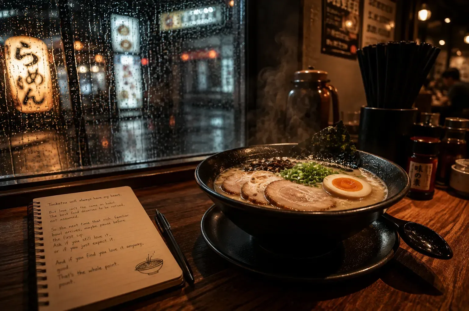 Steaming bowl of tonkotsu ramen with pork and soft-boiled egg sitting next to an open notebook