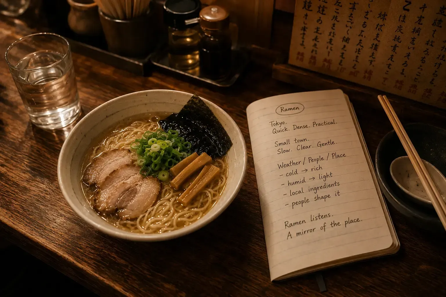 A bowl of ramen served at a wooden counter next to an open notebook filled with handwritten thoughts
