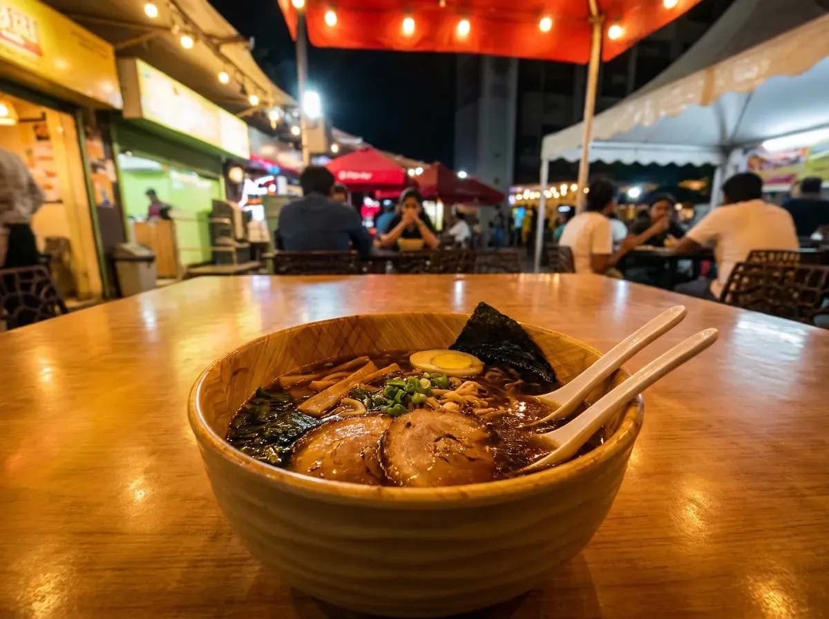 A large bowl of ramen with pork belly chashu, a soft-boiled egg, and nori seaweed sitting on an outdoor dining table at night.