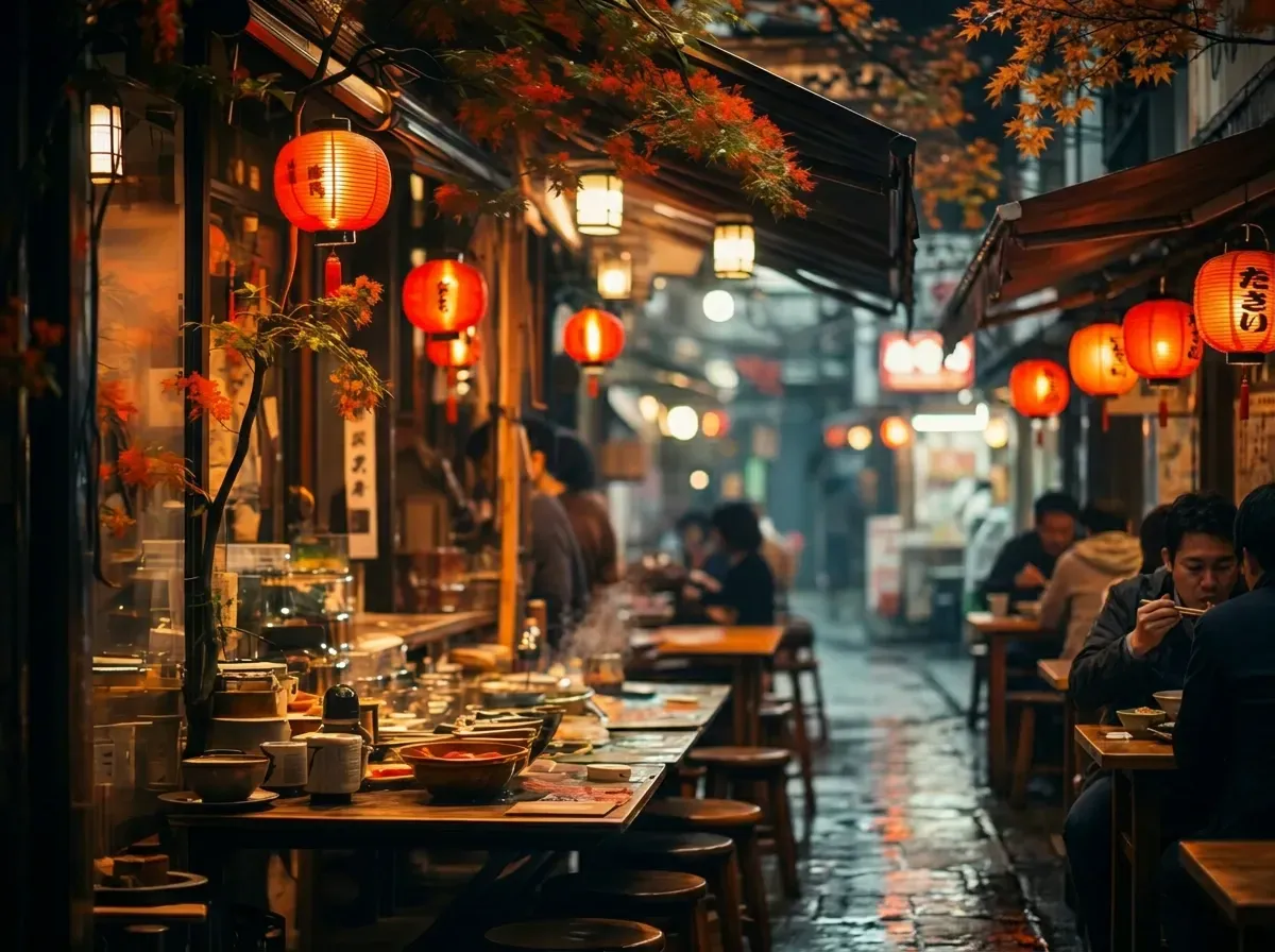 A bustling, narrow Japanese alleyway at night with outdoor dining tables, glowing red lanterns, autumn leaves, and people eating ramen.
