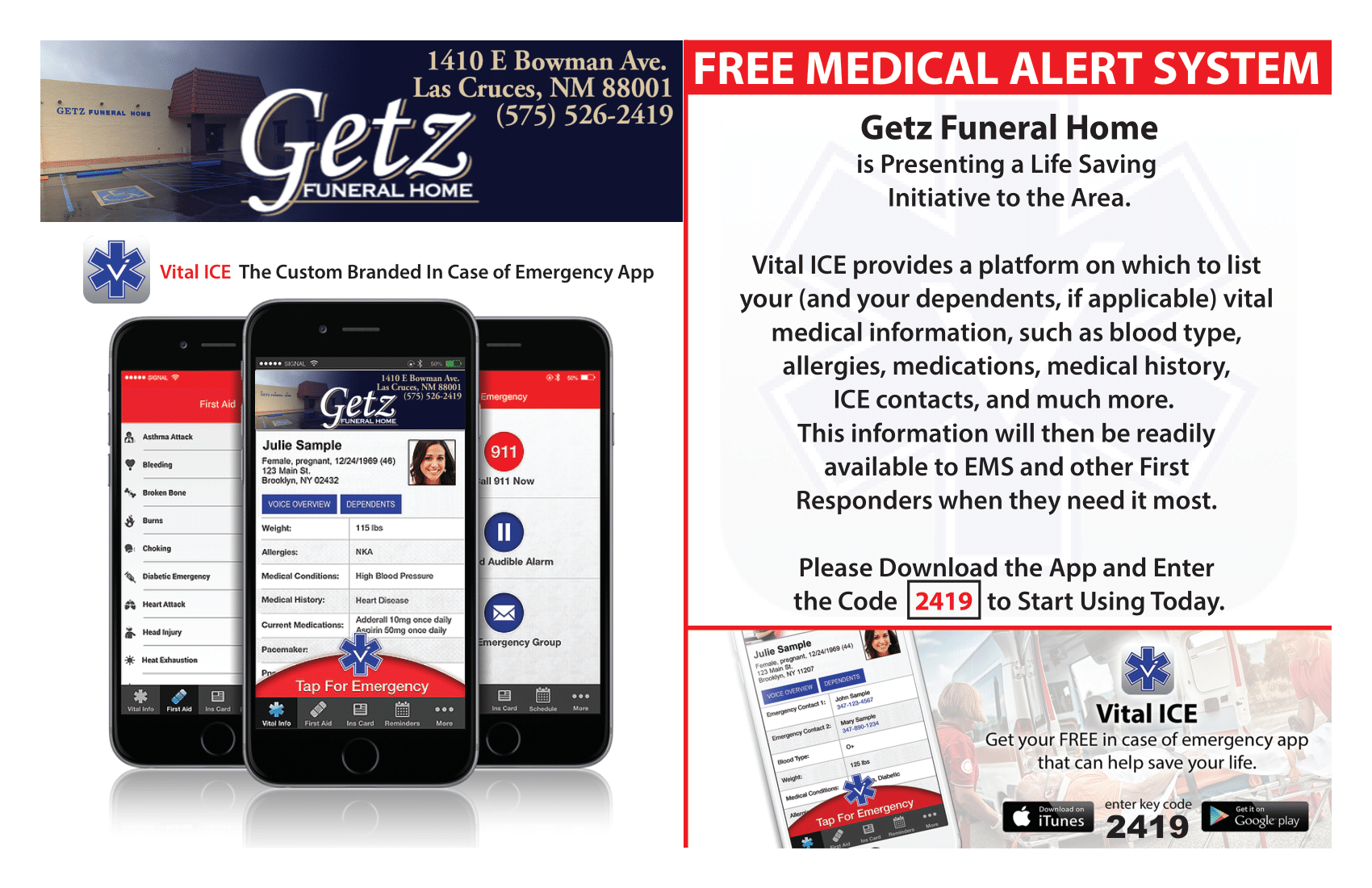 An advertisement for a free medical alert system for getz funeral home