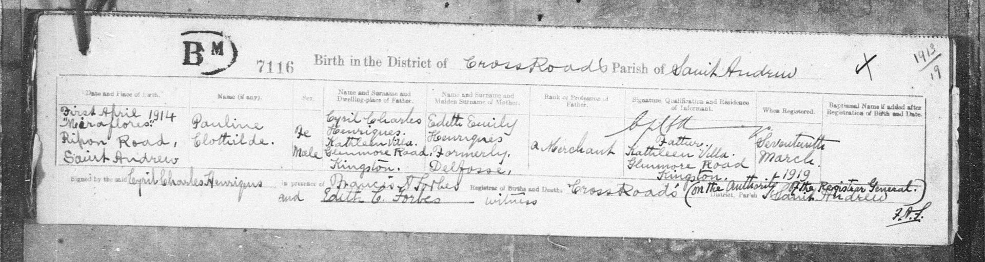 Birth record for Pauline Clothilde Henriques
