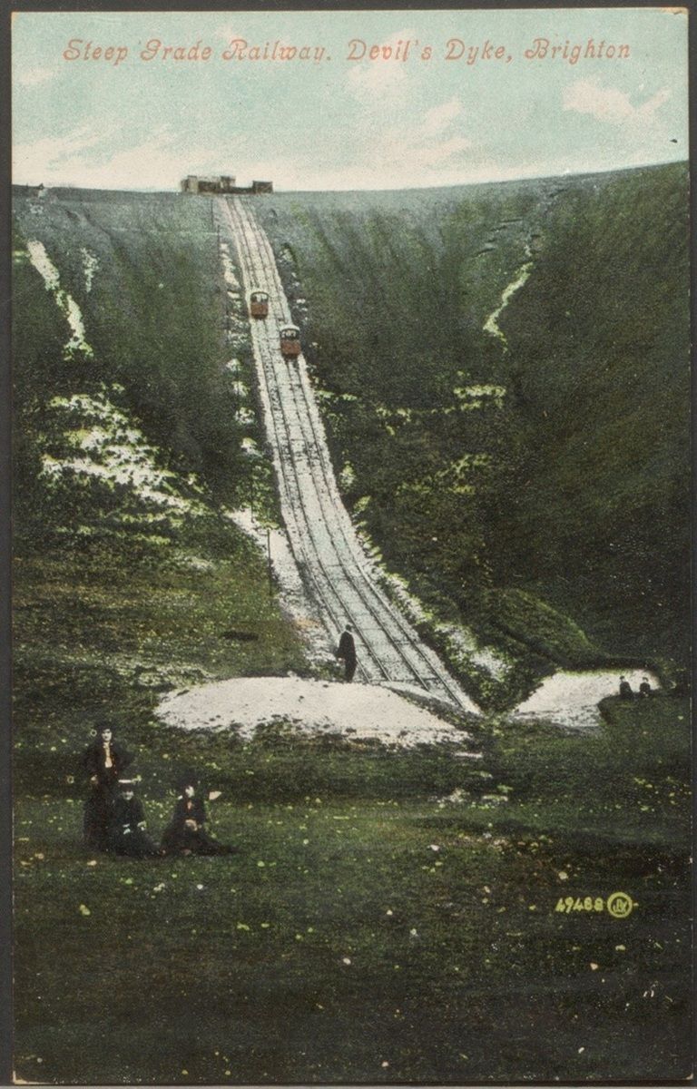 Hand-tinted postcard showing the steep-grade railway at Devil’s Dyke, 