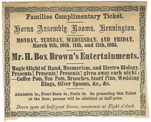 Historic printed advertisement promoting Henry Box Brown and an anti-slavery exhibition