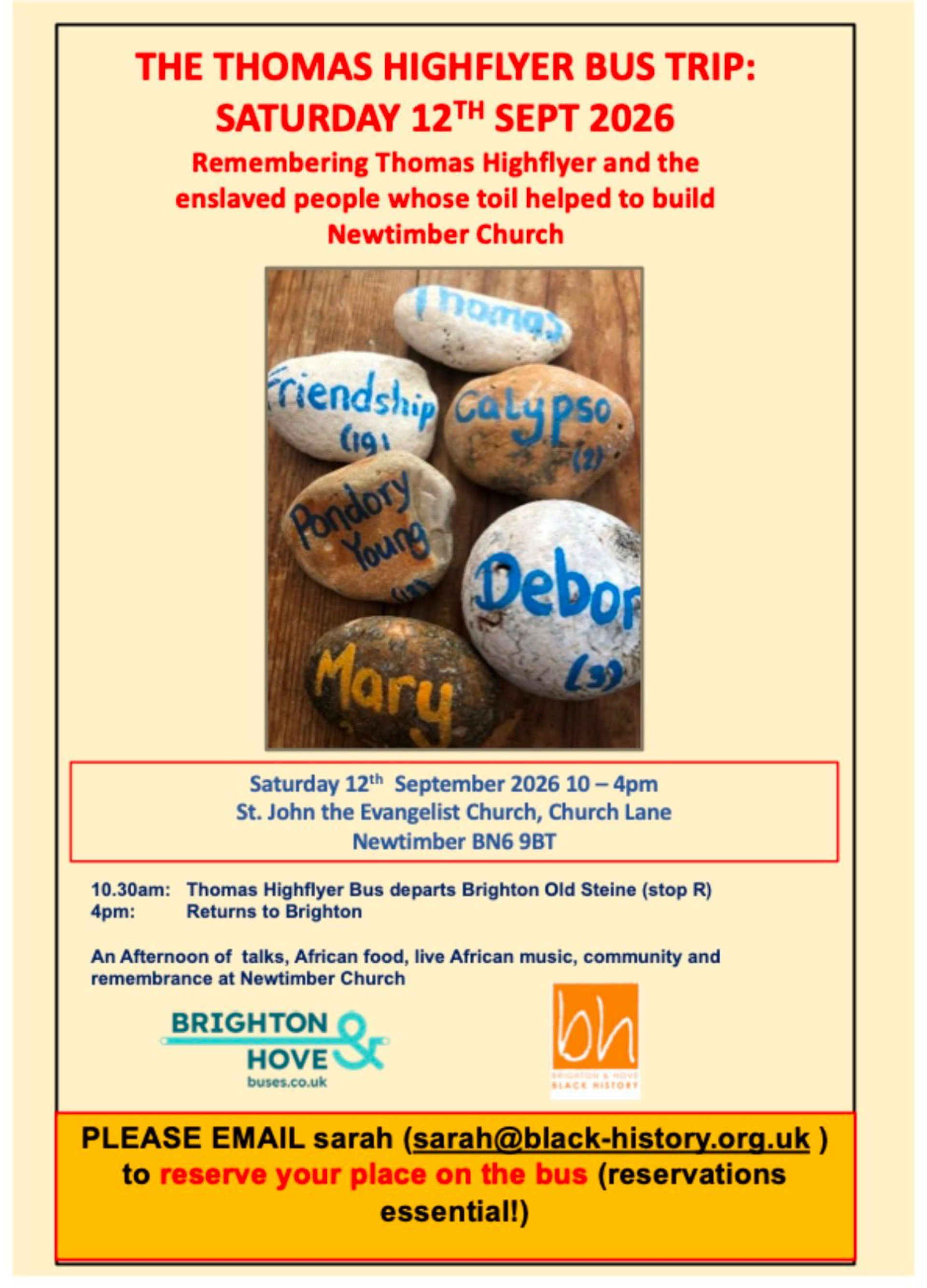 Thomas Highflyer Bus Trip on Saturday 12 September 2026. The event takes place at St John the Evangelist Church in Newtimber. The bus leaves Brighton Old Steine stop R at 10.30am and returns to Brighton at 4pm. Reservations are essential.