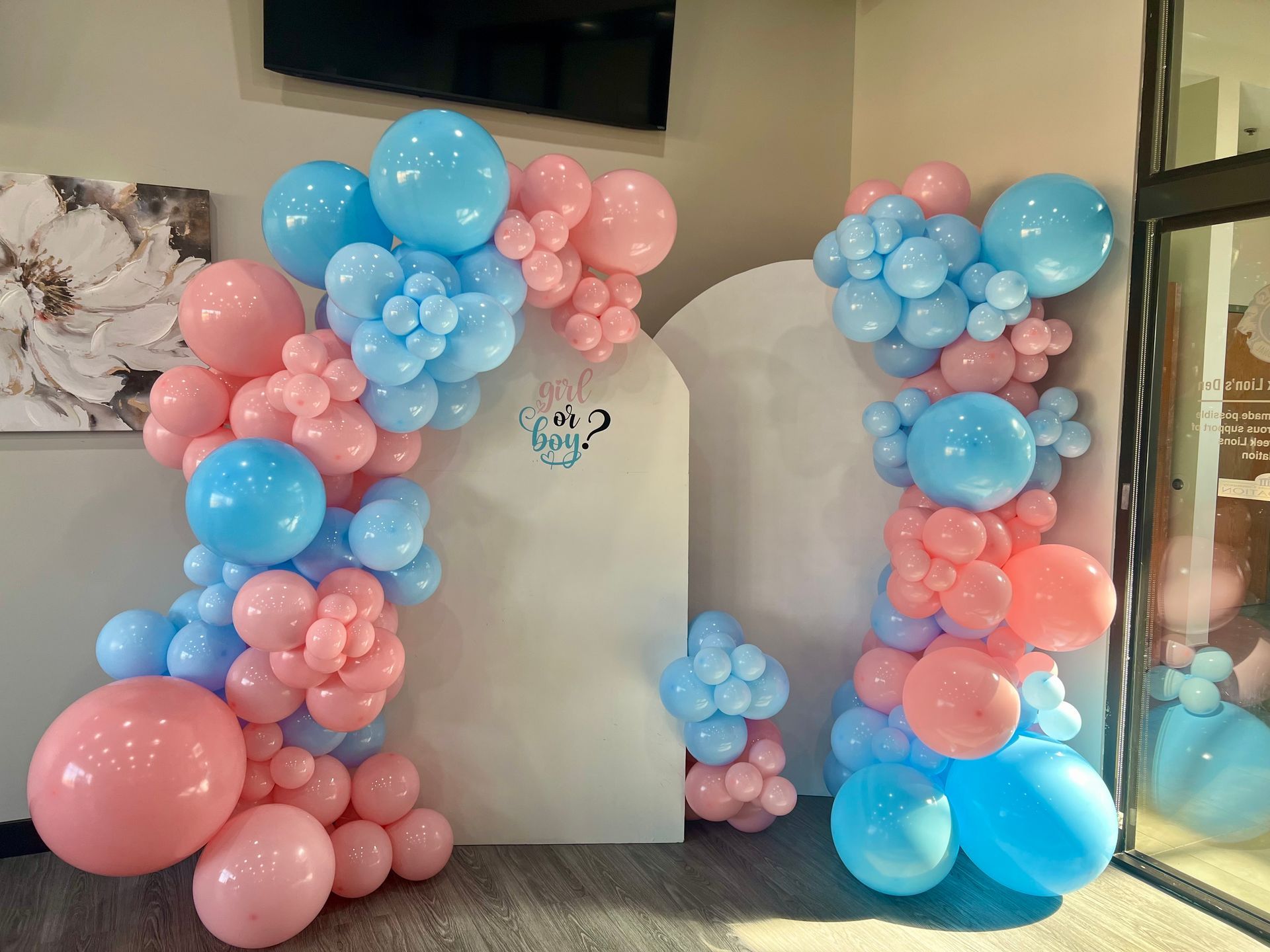 A room decorated with pink and blue balloons for a gender reveal party.