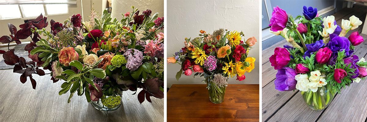 three different bouquets in a horizontal row