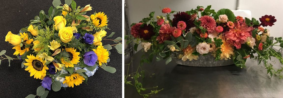 Yellow and purple bouquet next to pink, orange, and red bouquet