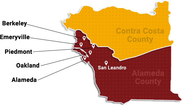 A map of Alameda county shows the location of san leandro, Oakland, Berkeley, Piedmont, Emeryville and Alameda