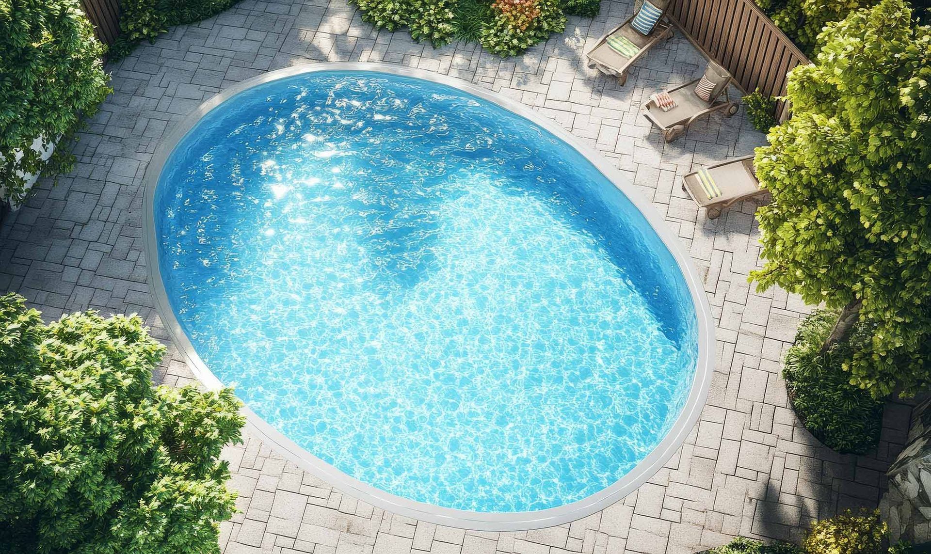 An oval swimming pool with turquoise water, surrounded by a light-colored paved patio and trees.