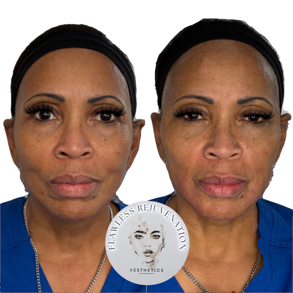 Side-by-side facial portraits with a circular logo at the bottom center