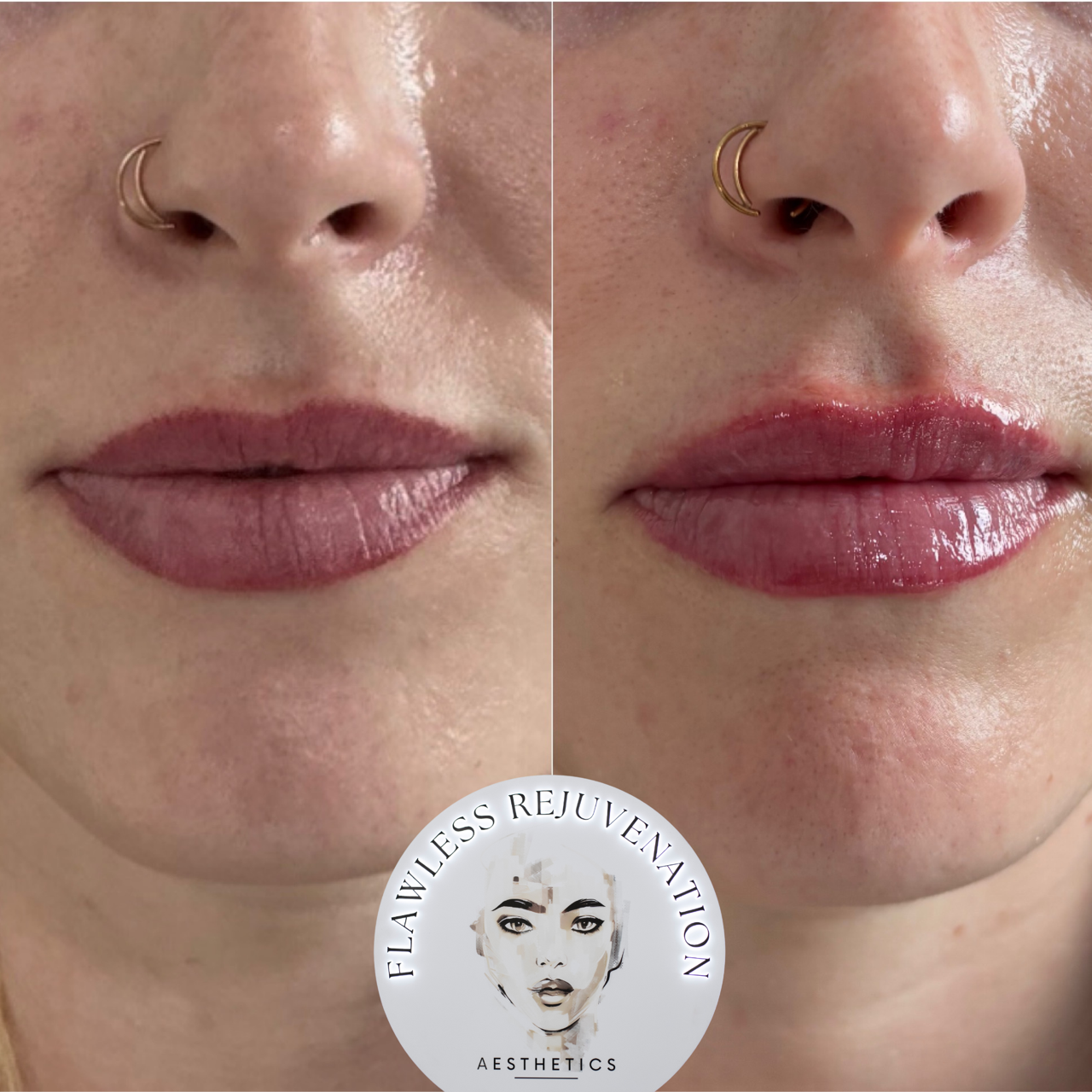 Close-up lips before-and-after gloss application, with natural nude tones and a small logo at bottom.