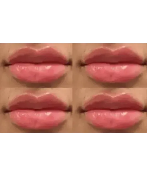 Close-up collage of four glossy pink lips on a neutral background