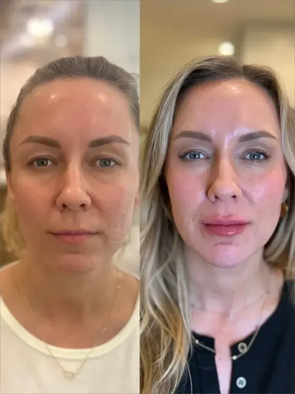 Side-by-side portrait of a woman before and after makeup, with a natural look on the left and polished glam on the right