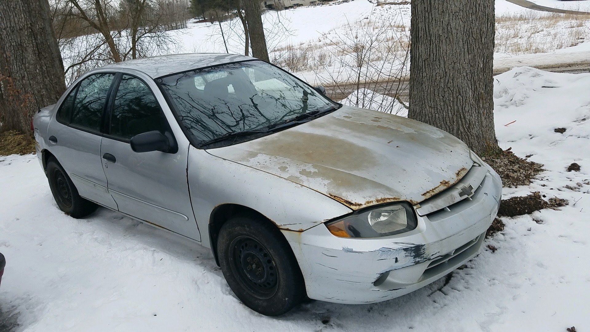 A silver car is parked in the snow near a tree