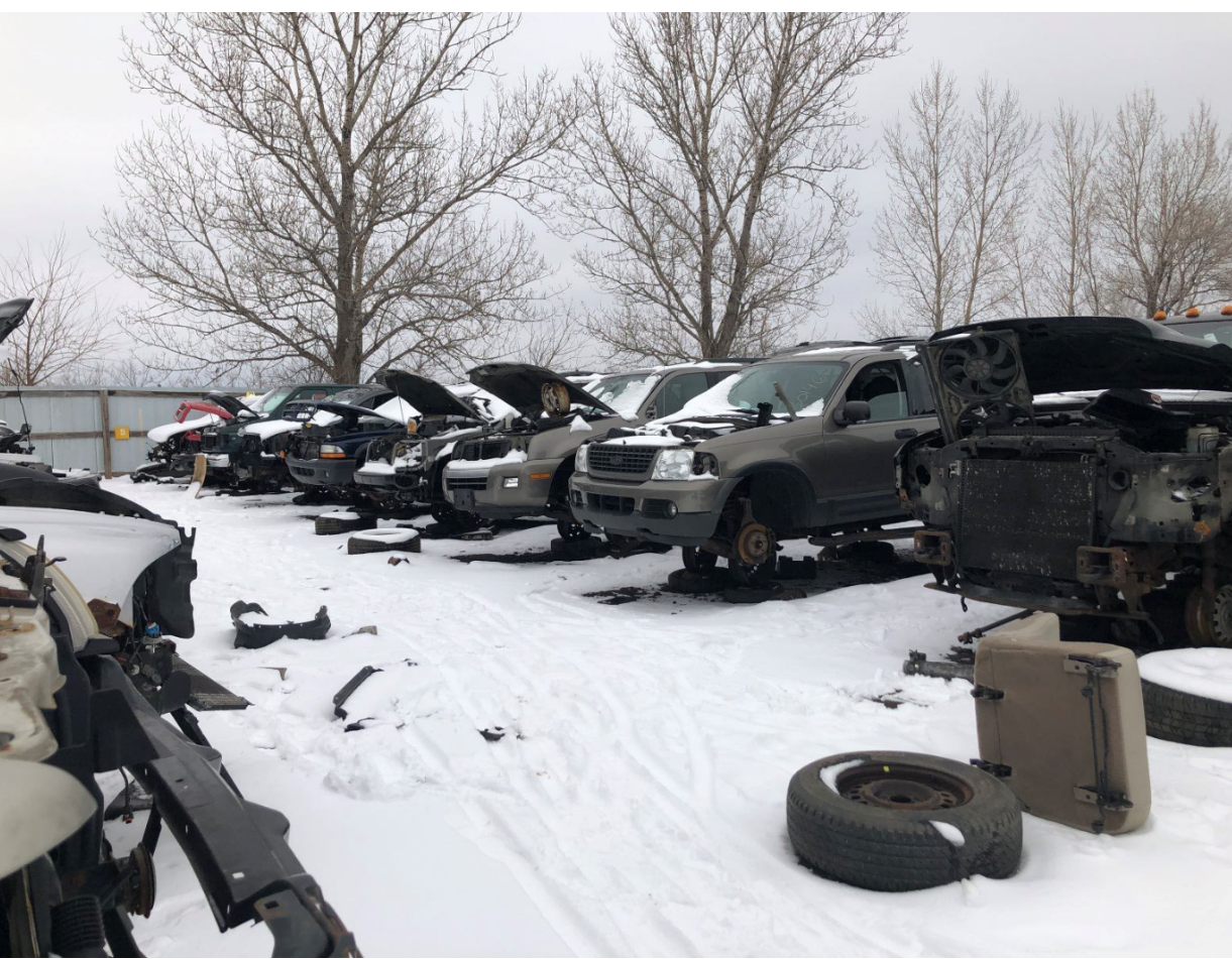 A row of cars are parked in the snow with their hoods up