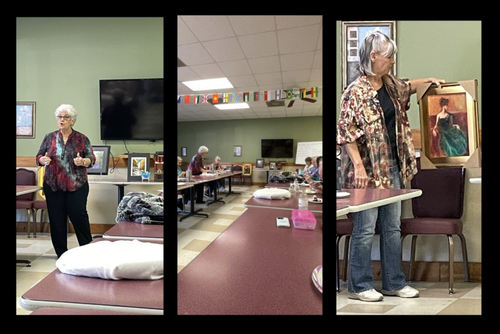 Three-panel view: woman presenting art to a group in a room. She displays a painting and gestures. Room has tables and art.