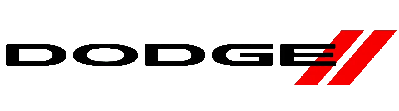 Dodge logo: black text with two red slanted stripes.