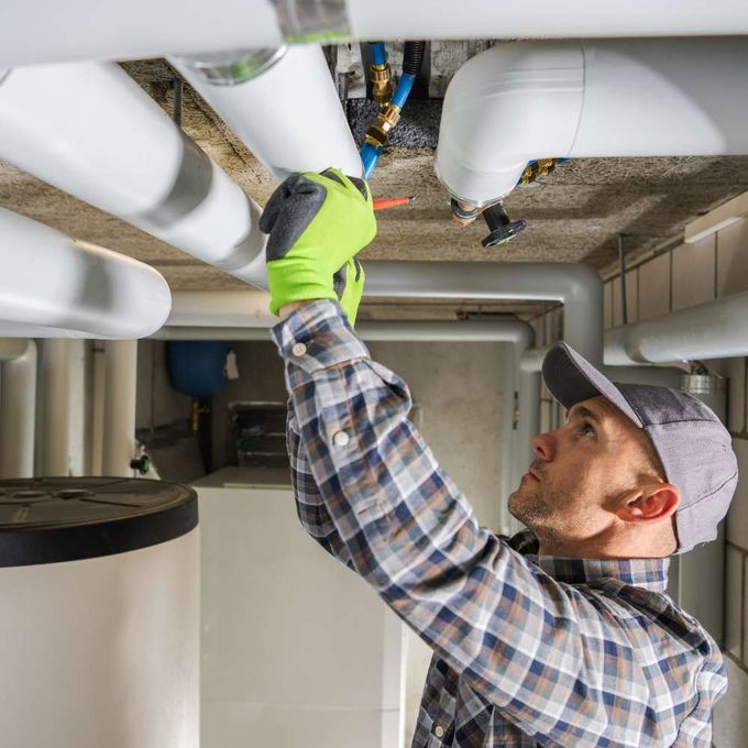 a man in a plaid shirt and hat is working on pipes