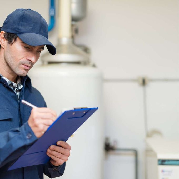 a man is holding a clipboard and writing on it .