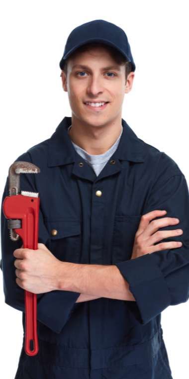 a man in a blue uniform is holding a wrench