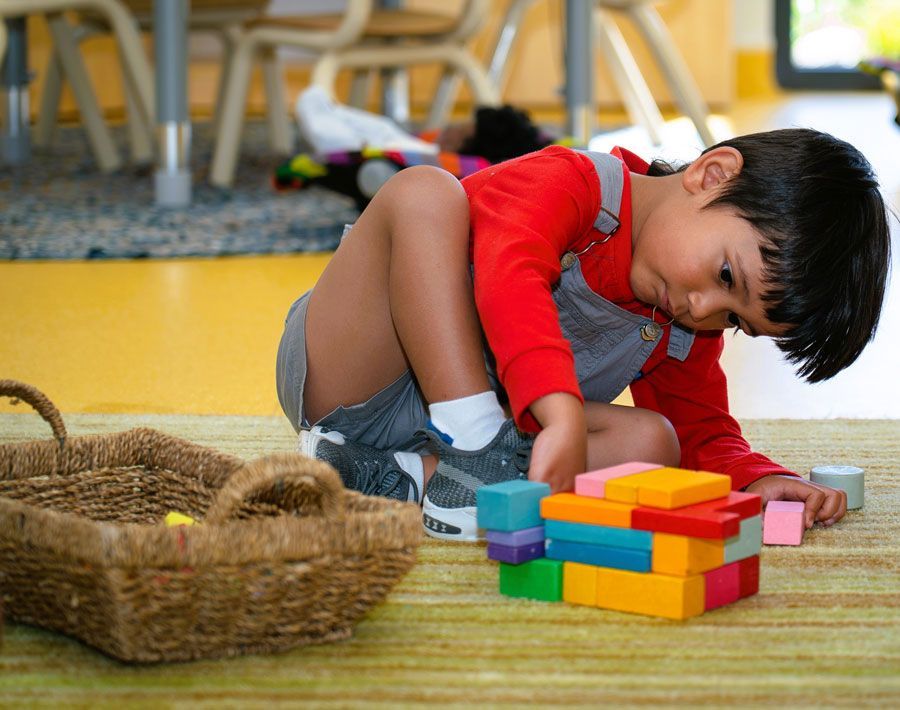 Toddler playing inside on rug with multicoloured blocks.