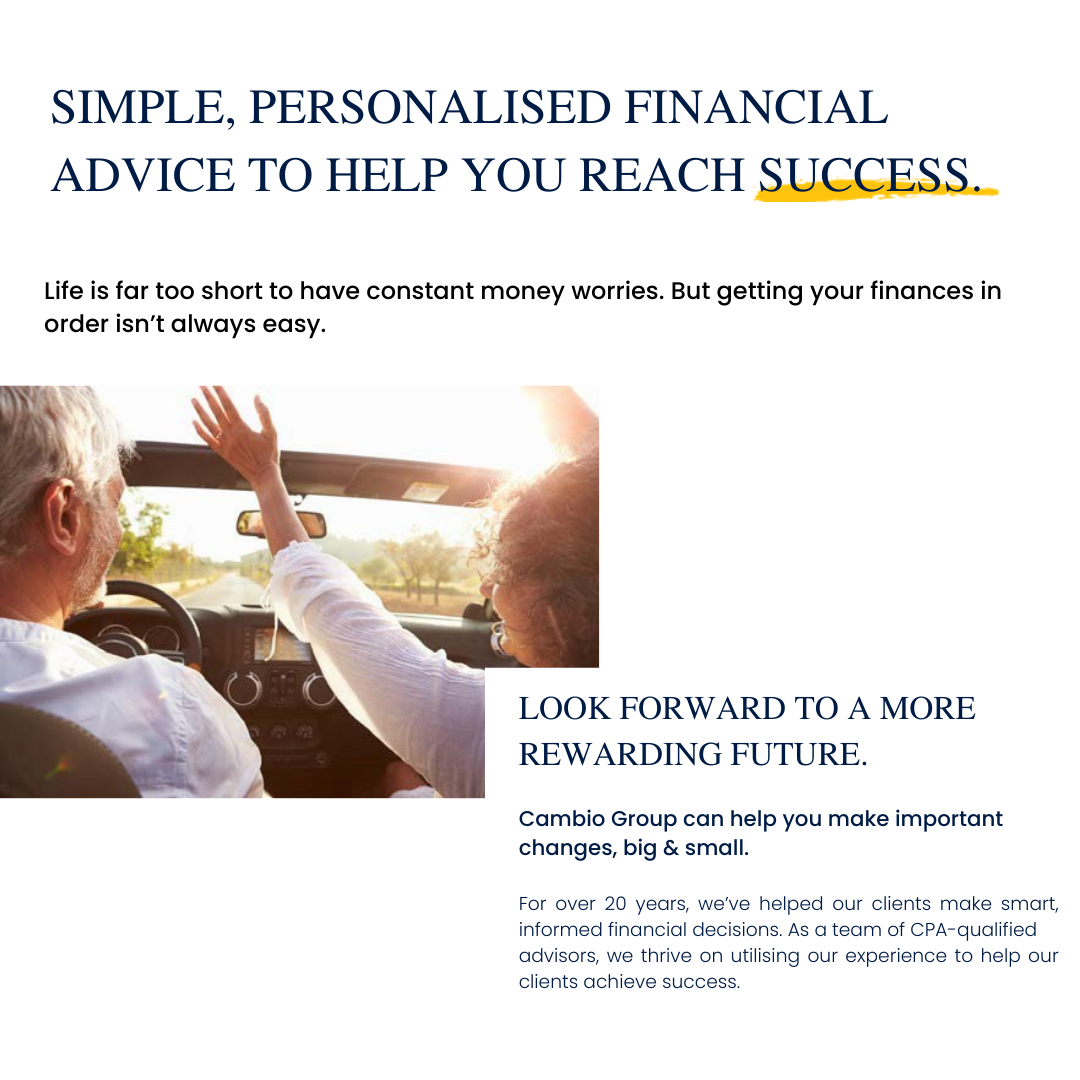 Financial advice ad with man driving a car, sunset, and headline about reaching success