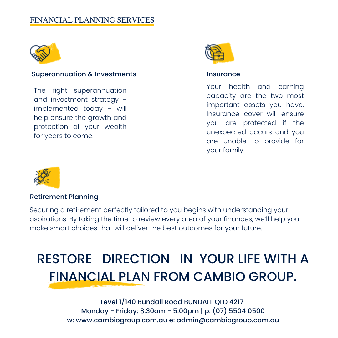 Financial planning flyer for Cambo Group with services, icons, and blue text on white background