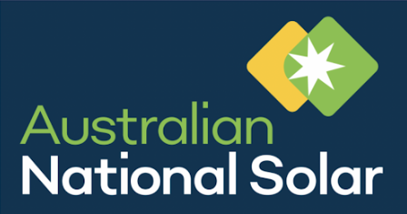 Australian National Solar logo on dark blue background with green and yellow icon