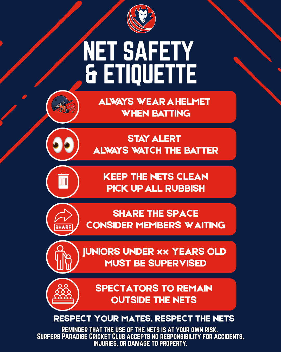 Net safety and etiquette poster with red rules on a navy background, including helmet use and staying alert.