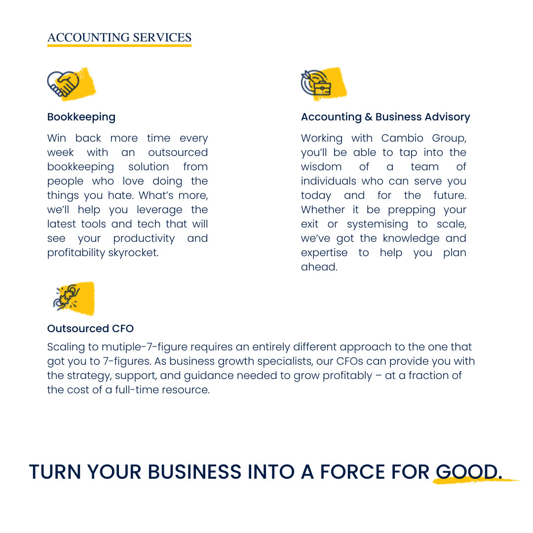 Business consulting flyer with icons, service descriptions, and slogan “Turn your business into a force for good.”