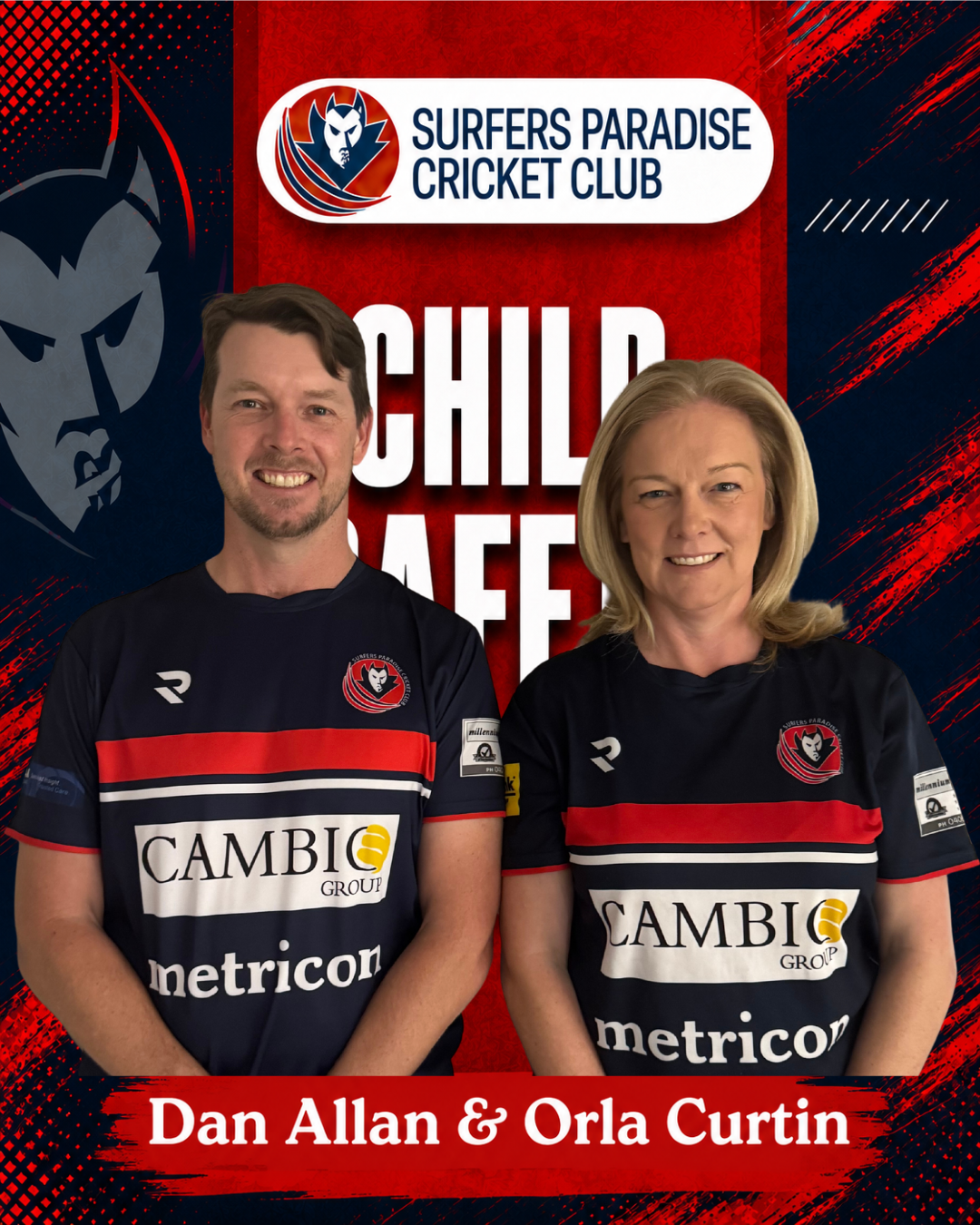 Surfers Paradise Cricket Club promo featuring two players in black jerseys, Dan Allan and Orla Curtin.