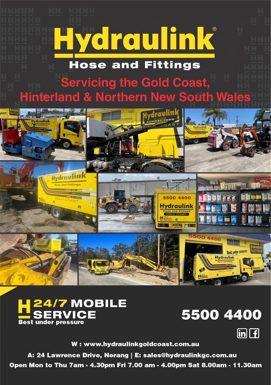 Hydraulink hose and fittings ad with yellow trucks, service vans, and contact number 5500 4400